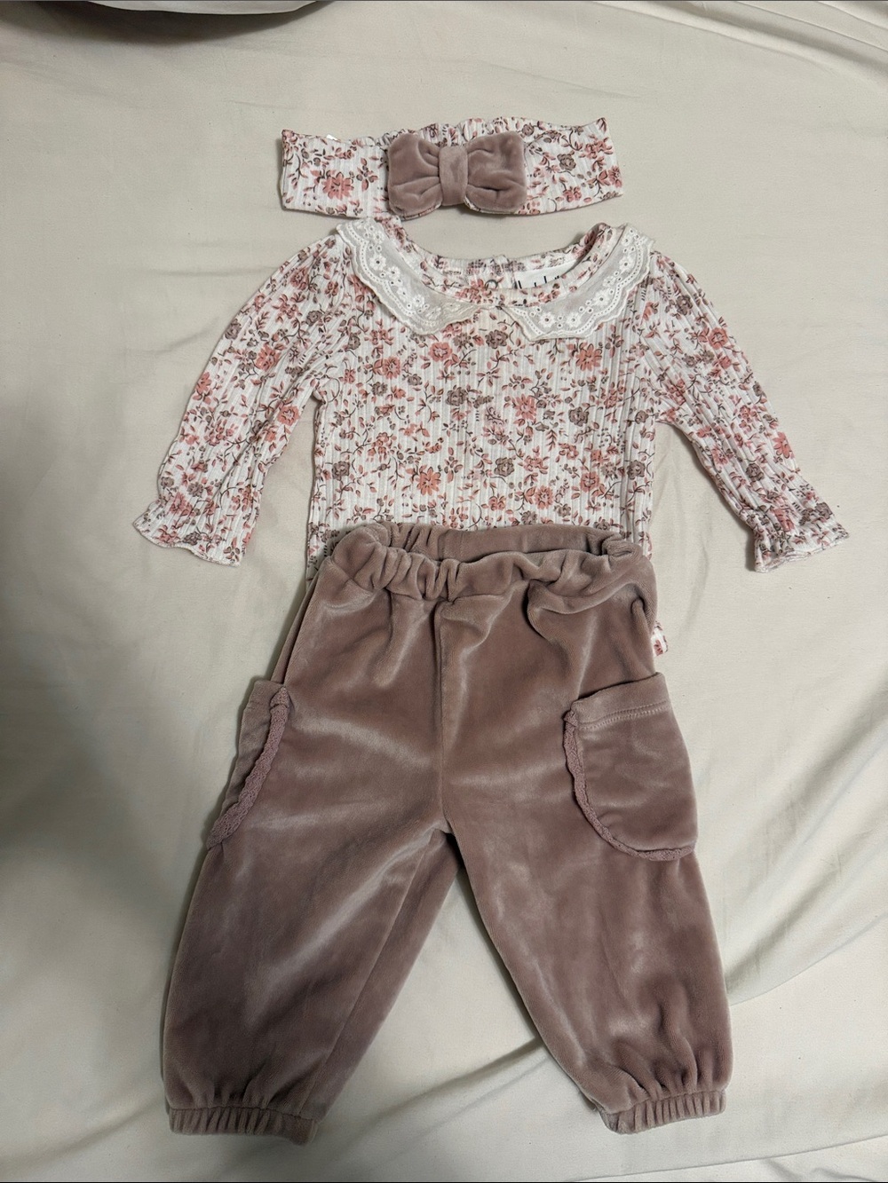 Nicole Miller Girls Floral Top, Mauve Velvet Pants & Bow Headband